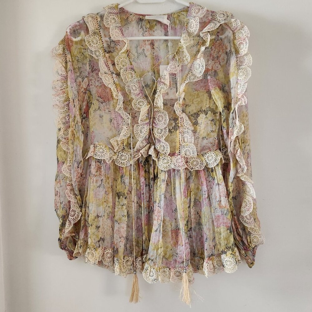 RARE! Zimmermann Valour Scallop Ruffle Blouse Floral Size AU 1 B81 - Picture 2 of 11